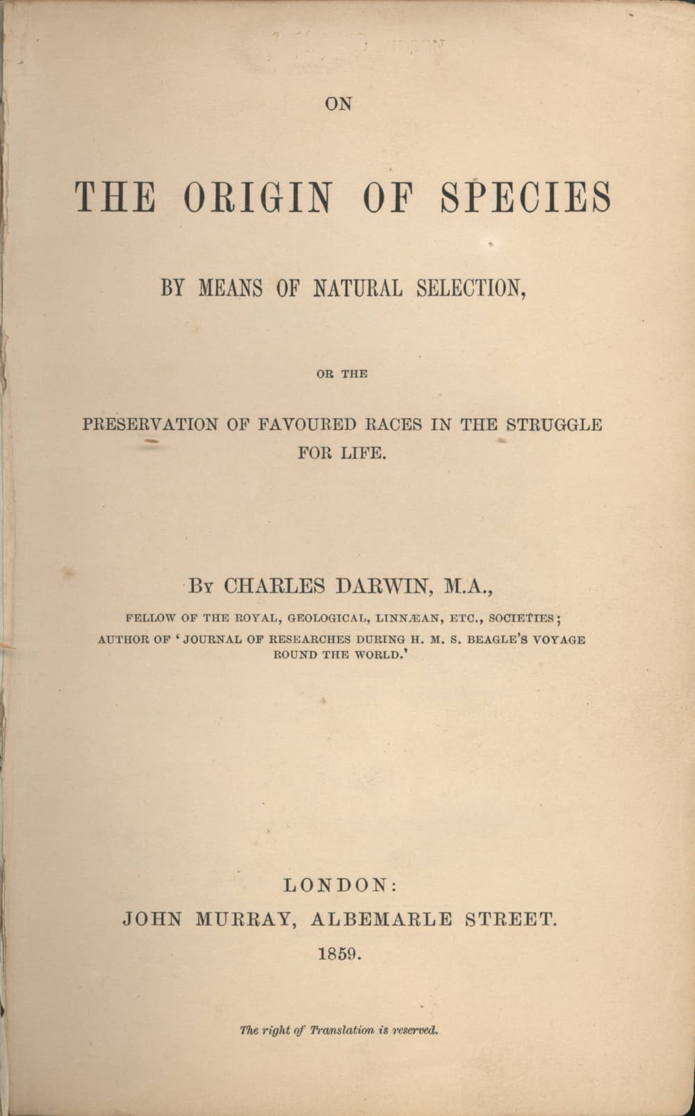 Darwin Publishes On the Origin of Species