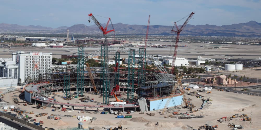 Crews Raise the First Roof Truss on the A's Las Vegas Ballpark